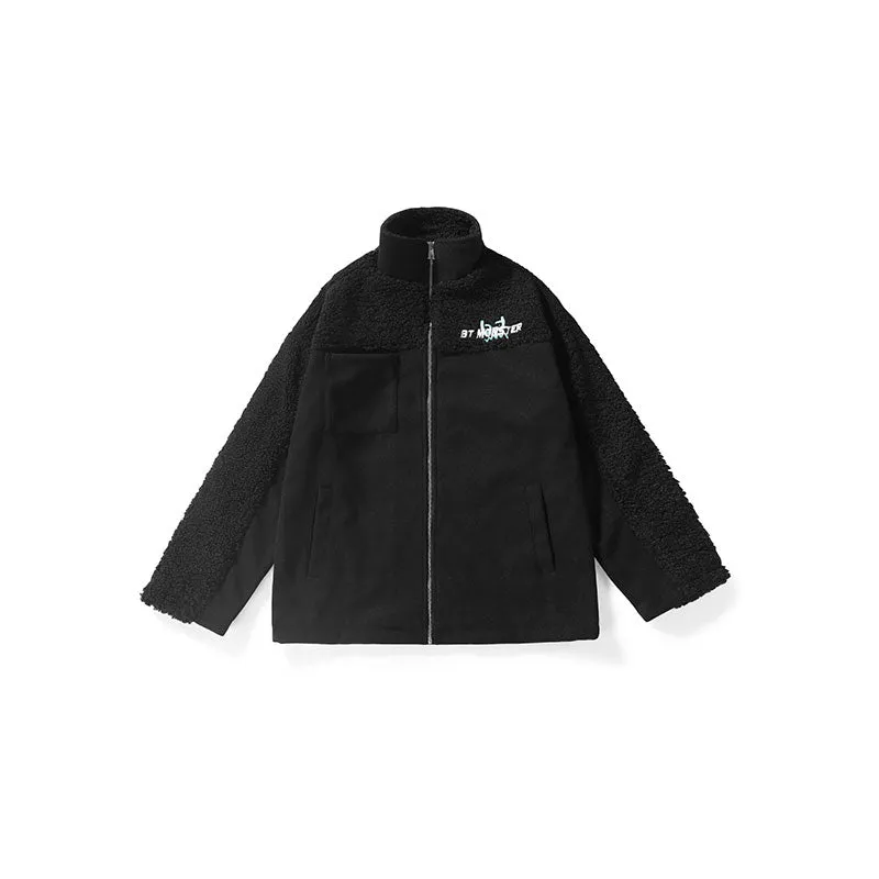 Multicolor monogram embroidered shoulder drop pocket teddy wool jacket